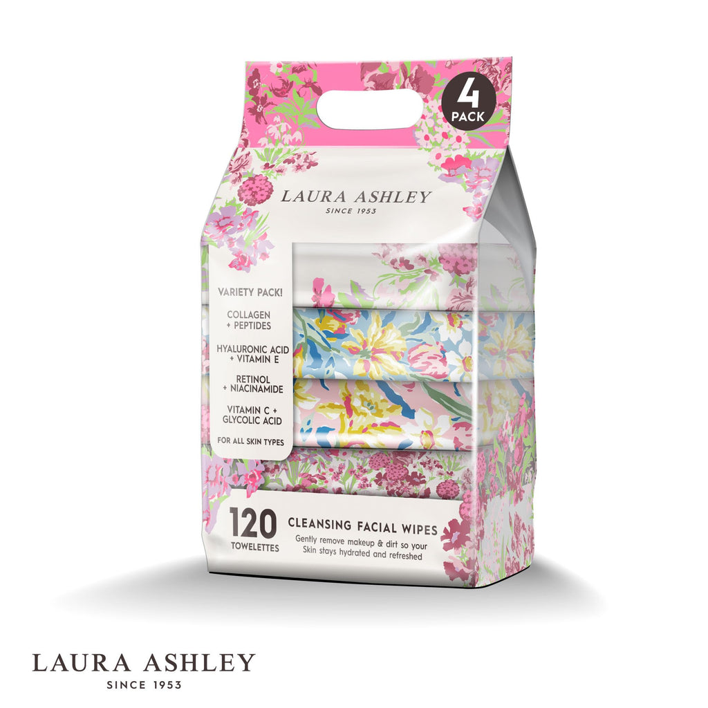 Laura Ashley 4-Pack Face Wipes for Women – Makeup Remover, Vitamin C, Retinol, Hyaluronic Acid | 120 Wipes