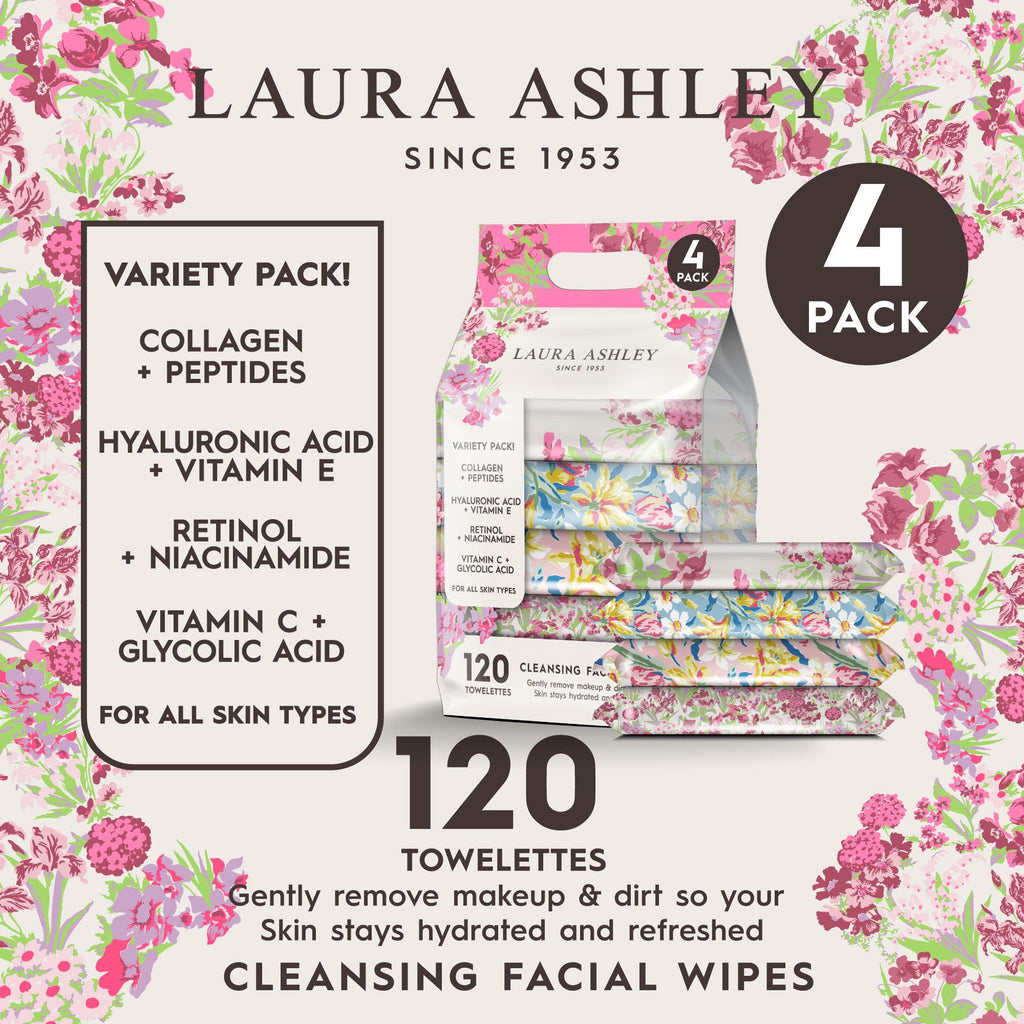 Laura Ashley 4-Pack Face Wipes for Women – Makeup Remover, Vitamin C, Retinol, Hyaluronic Acid | 120 Wipes