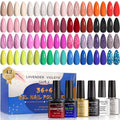 Lavender Violets 42-Piece Gel Nail Polish Set – 36 Colors + 6 Base/Top Coats, Glow in the Dark & Diamond Shine
