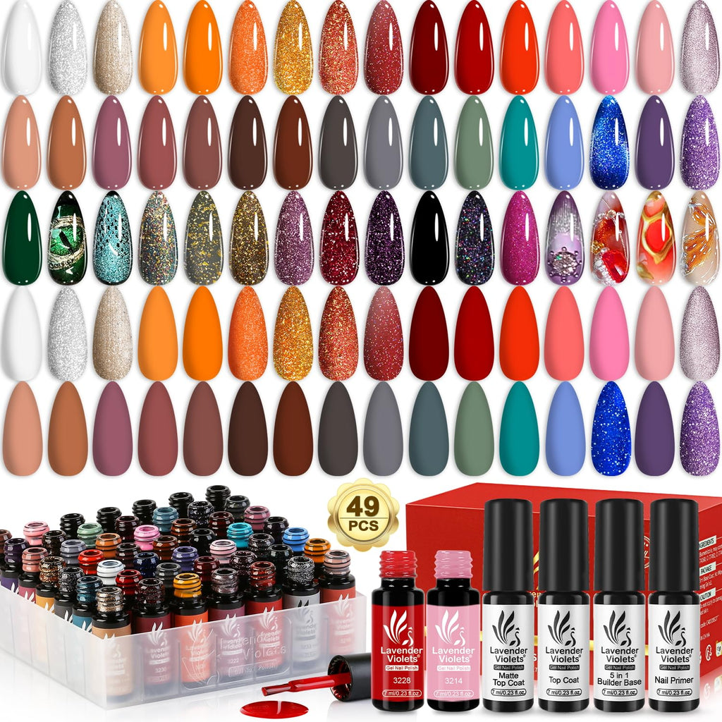 Lavender Violets 49 Pcs Gel Nail Polish Set – 45 Colors + Glossy & Matte Top Coats for Home Salon