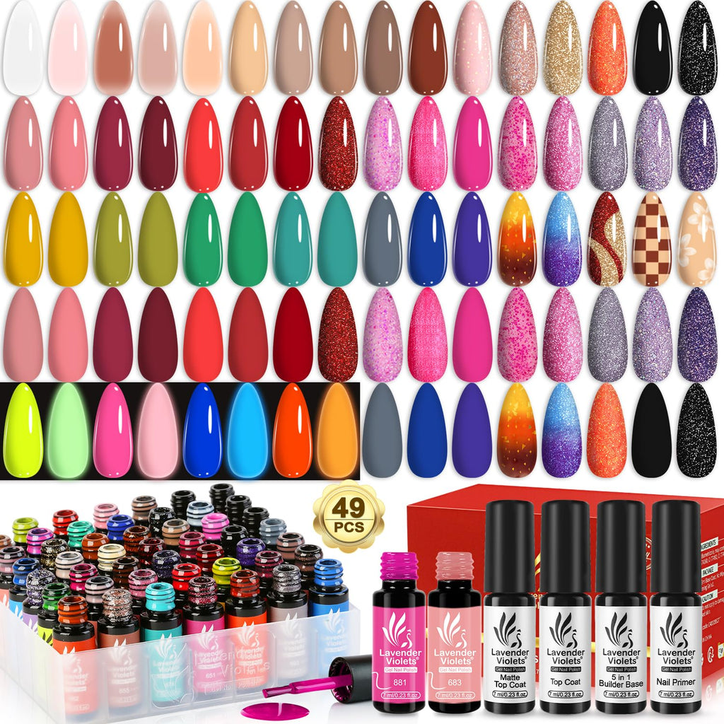 Lavender Violets 49-Piece Gel Nail Polish Set – 45 Neon & Glow Colors + Primer, Builder Base, Top Coats A950