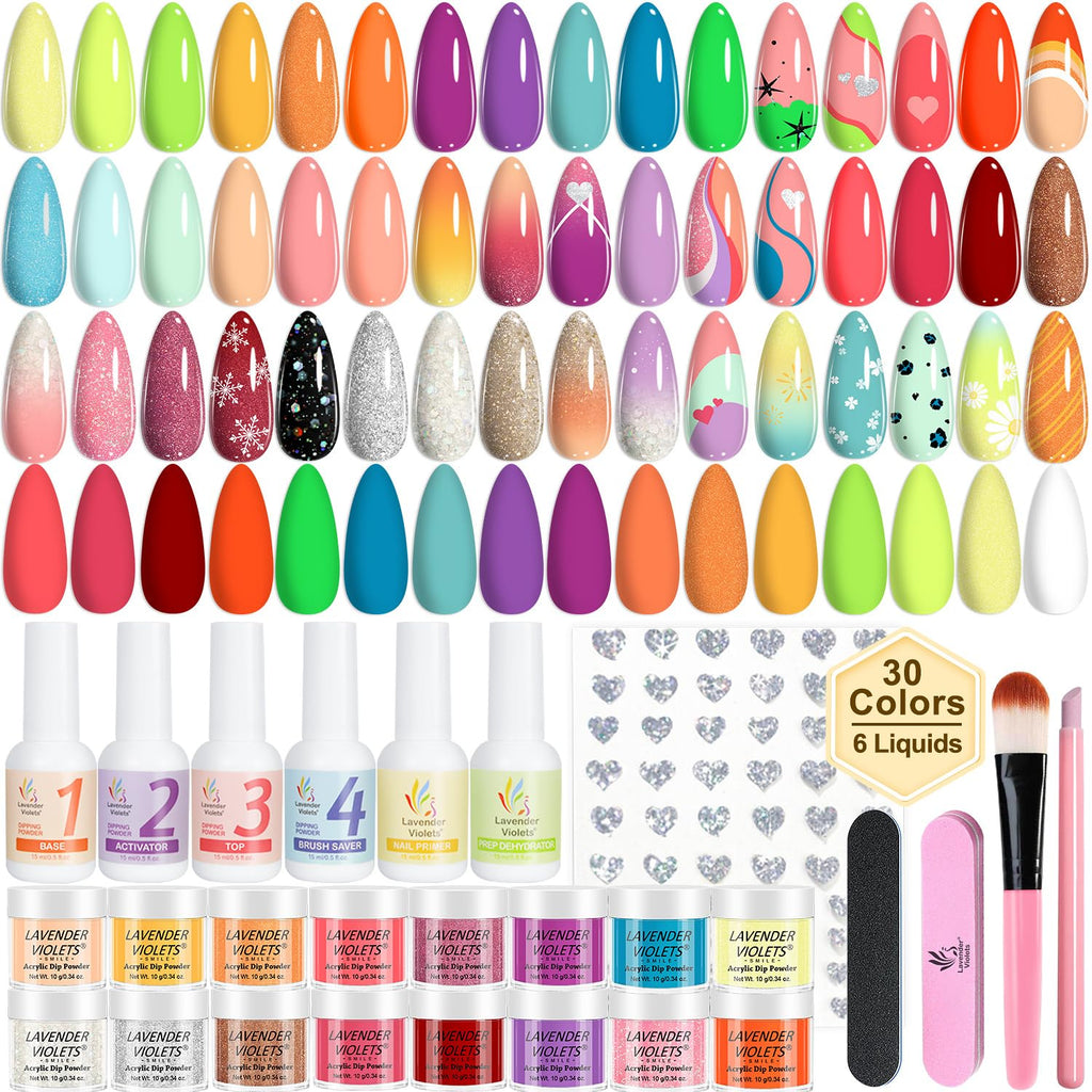 Lavender Violets 94Pcs Dip Powder Nail Kit Starter — 30 Neon Colors, Tools & Decals for DIY Manicure (B703)