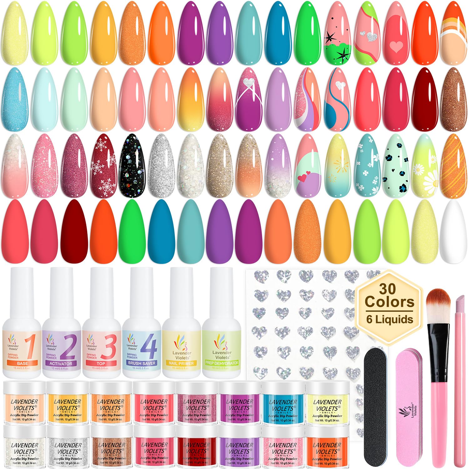 Lavender Violets 94Pcs Dip Powder Nail Kit Starter — 30 Neon Colors, Tools & Decals for DIY Manicure (B703)