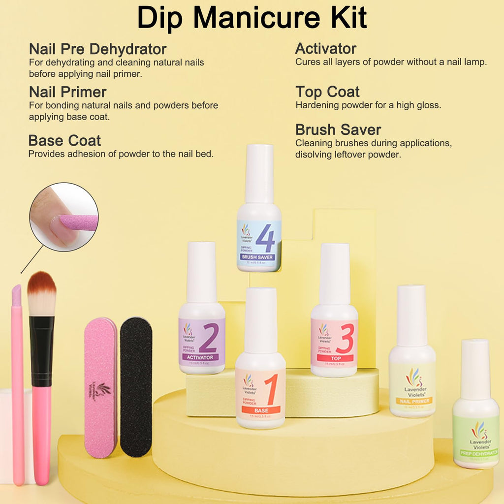 Lavender Violets 94Pcs Dip Powder Nail Kit Starter — 30 Neon Colors, Tools & Decals for DIY Manicure (B703)