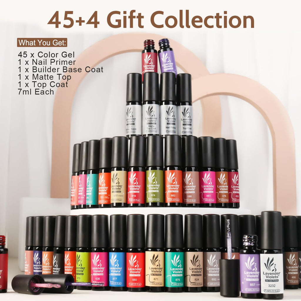 Lavender Violets 49 Pcs Gel Nail Polish Set – 45 Colors + Glossy & Matte Top Coats for Home Salon