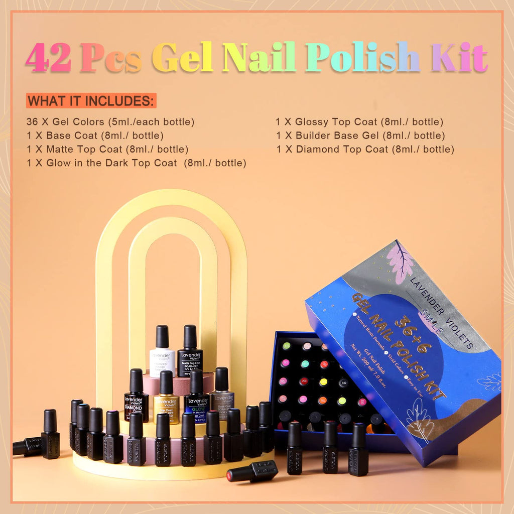 Lavender Violets 42-Piece Gel Nail Polish Set – 36 Colors + 6 Base/Top Coats, Glow in the Dark & Diamond Shine