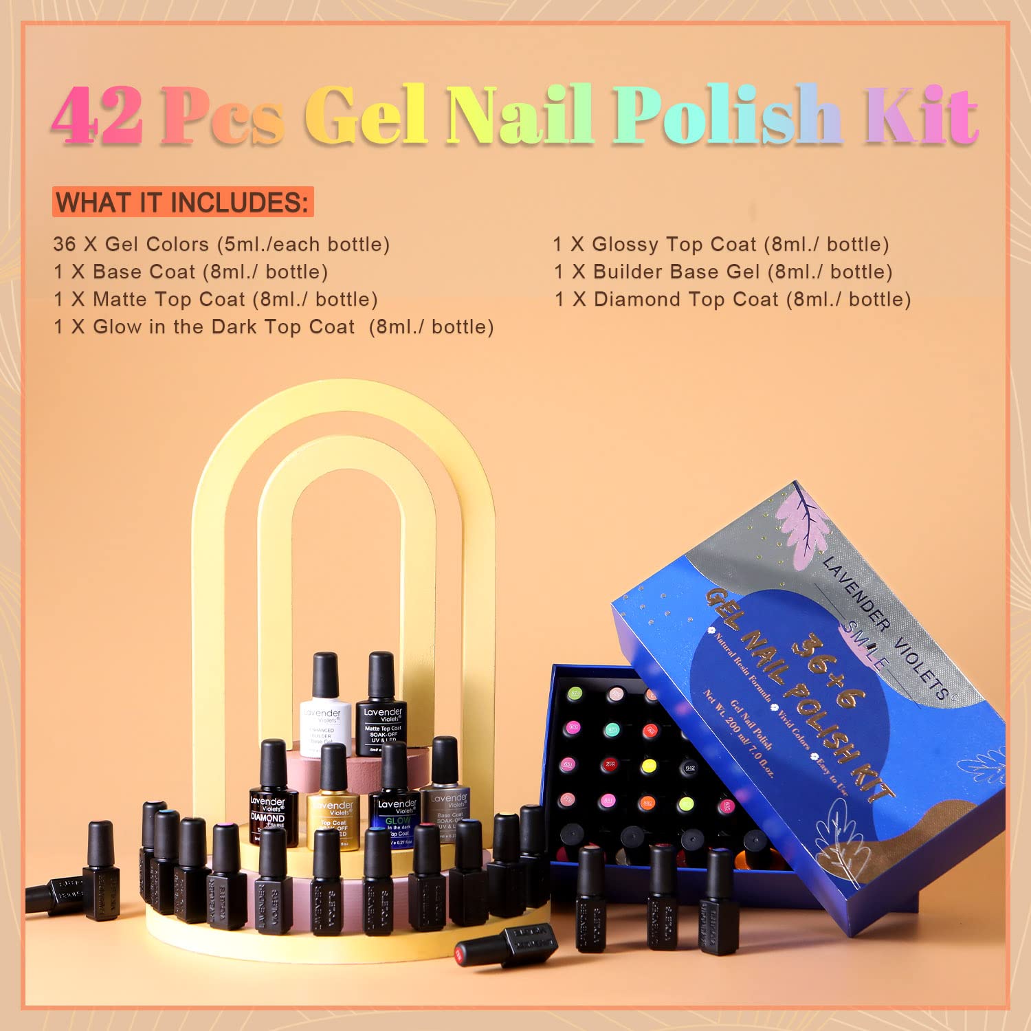 Lavender Violets 42-Piece Gel Nail Polish Set – 36 Colors + 6 Base/Top Coats, Glow in the Dark & Diamond Shine