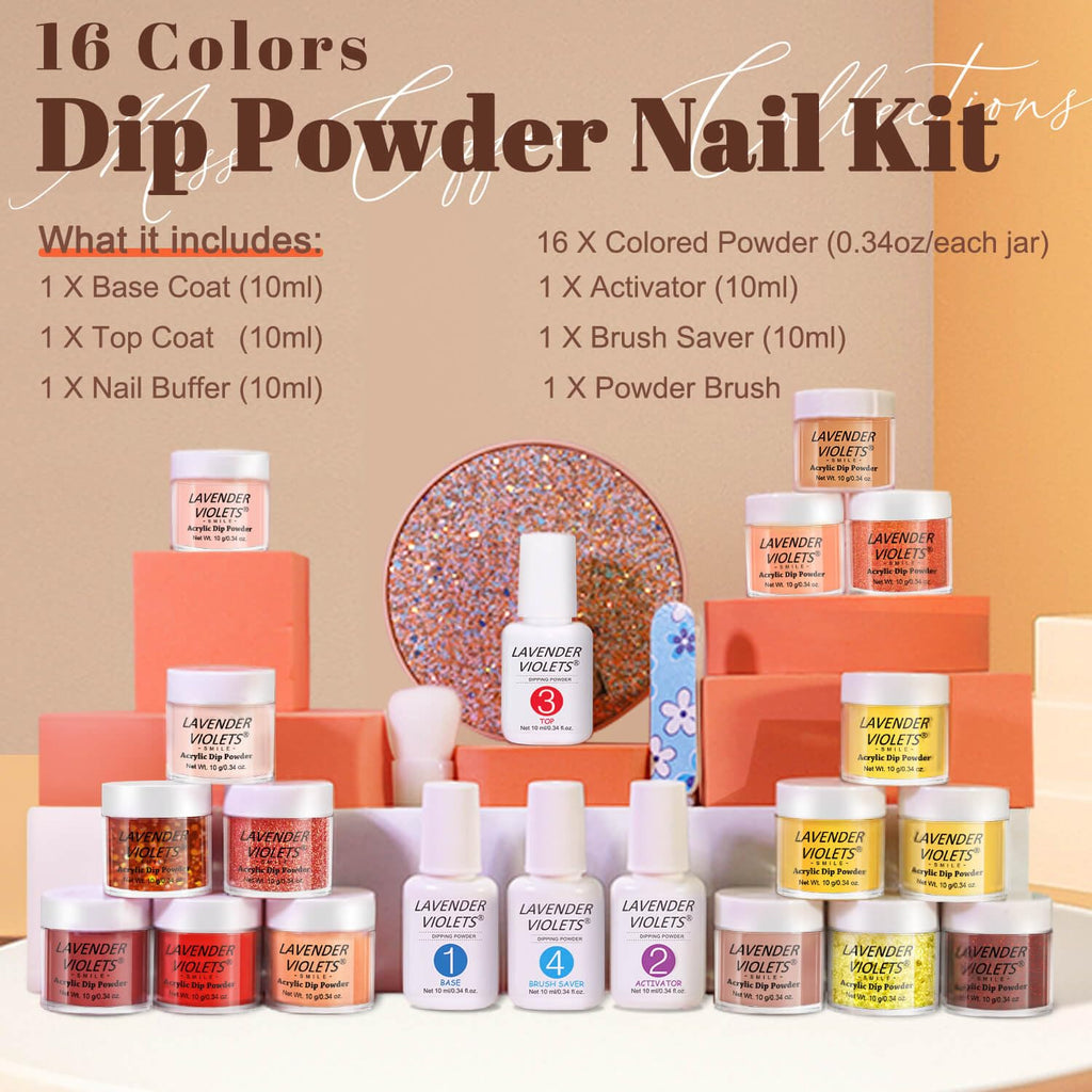 Lavender Violets Dip Powder Nail Kit Starter – 16 Colors, Base & Top Gel, Activator