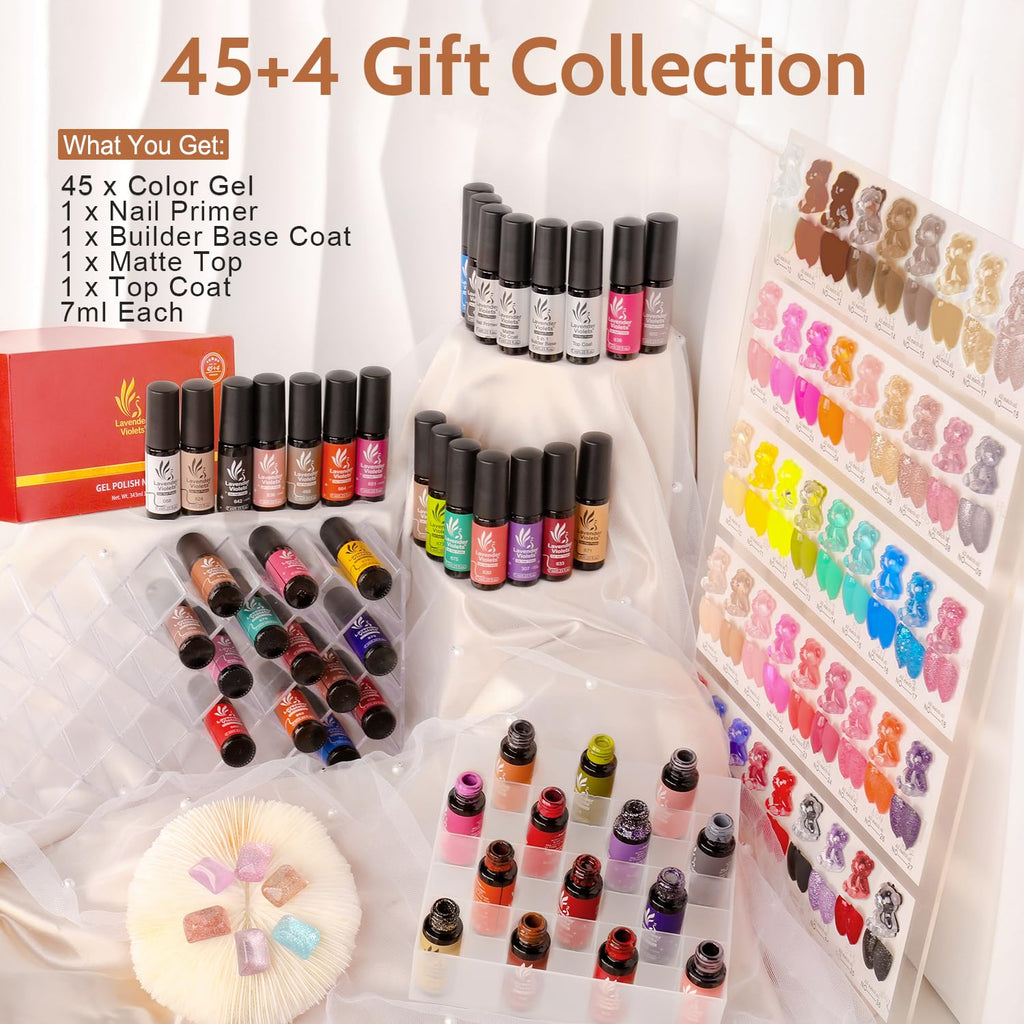Lavender Violets 49-Piece Gel Nail Polish Set – 45 Neon & Glow Colors + Primer, Builder Base, Top Coats A950
