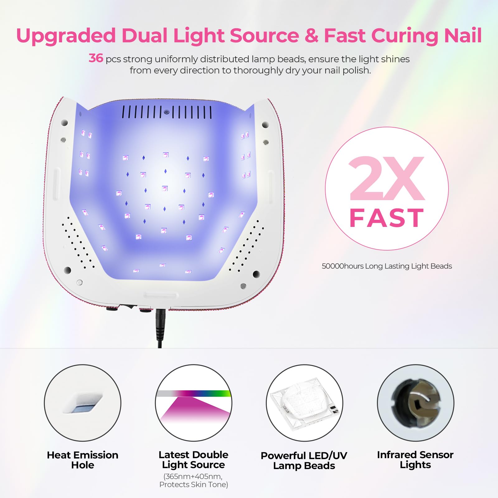 Lavinda UV Nail Lamp 54W – Dual-Wavelength Gel Curing with Rhinestones (Gradient Pink)