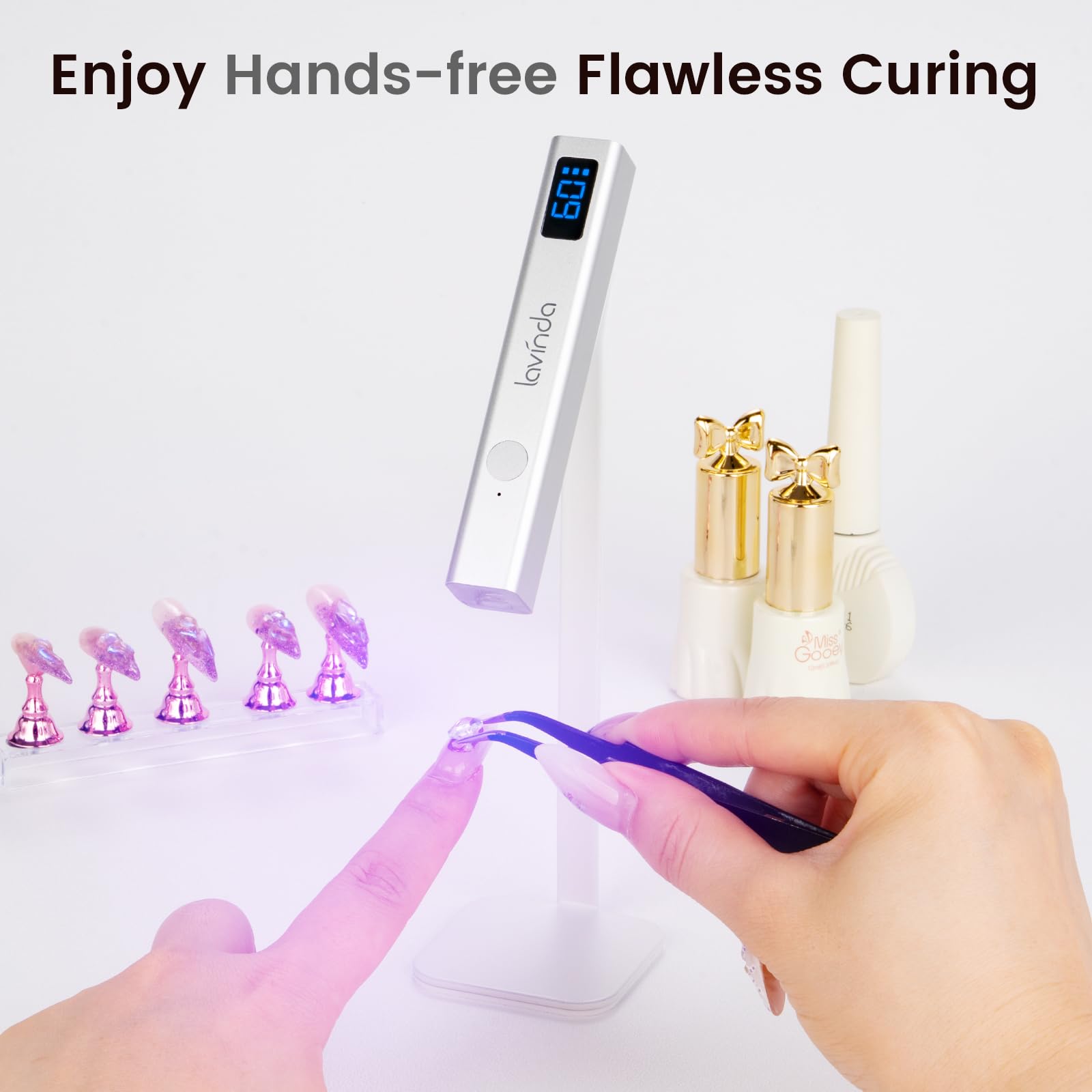 Lavinda Handheld UV Light for Gel Nails with Stand – Portable Cordless Nail Lamp with LCD