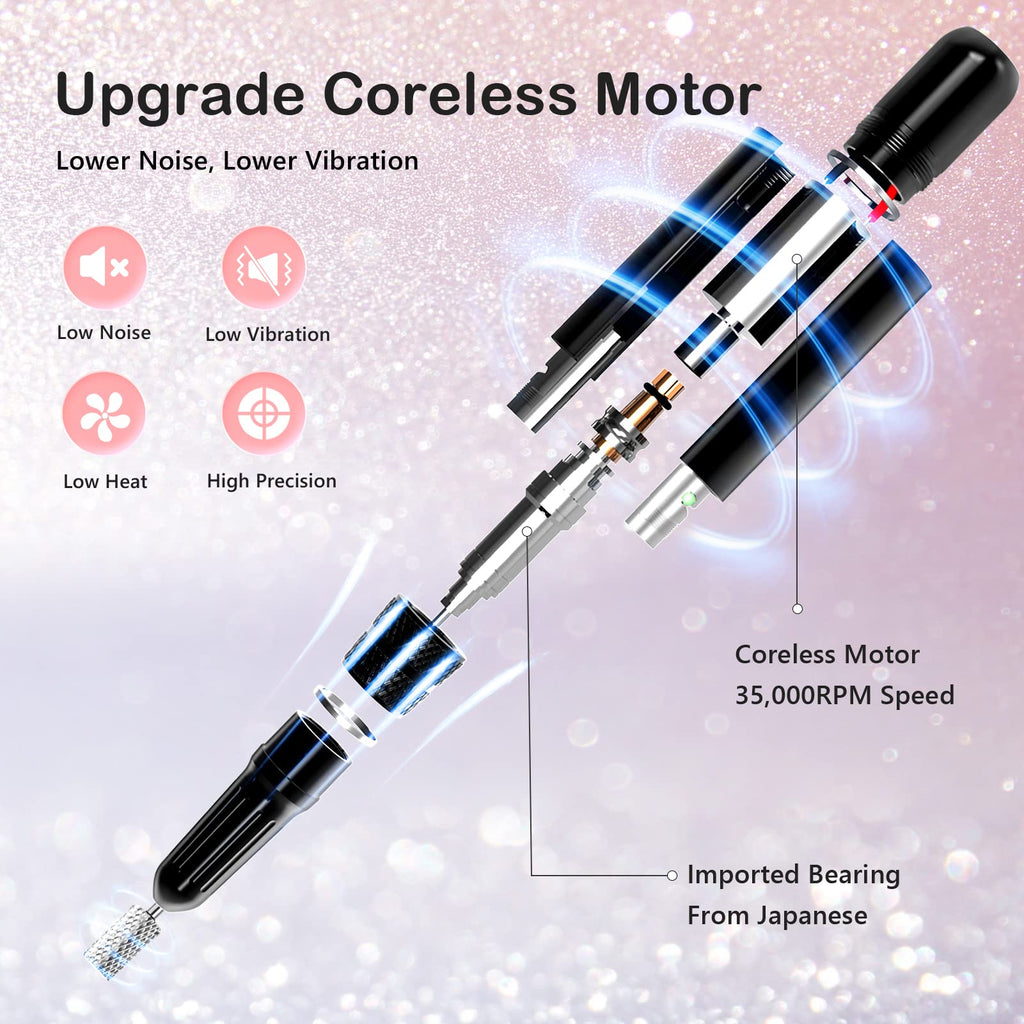 Lavinda 35000RPM Cordless Nail Drill – Pink Diamond Exterior, Coreless Motor