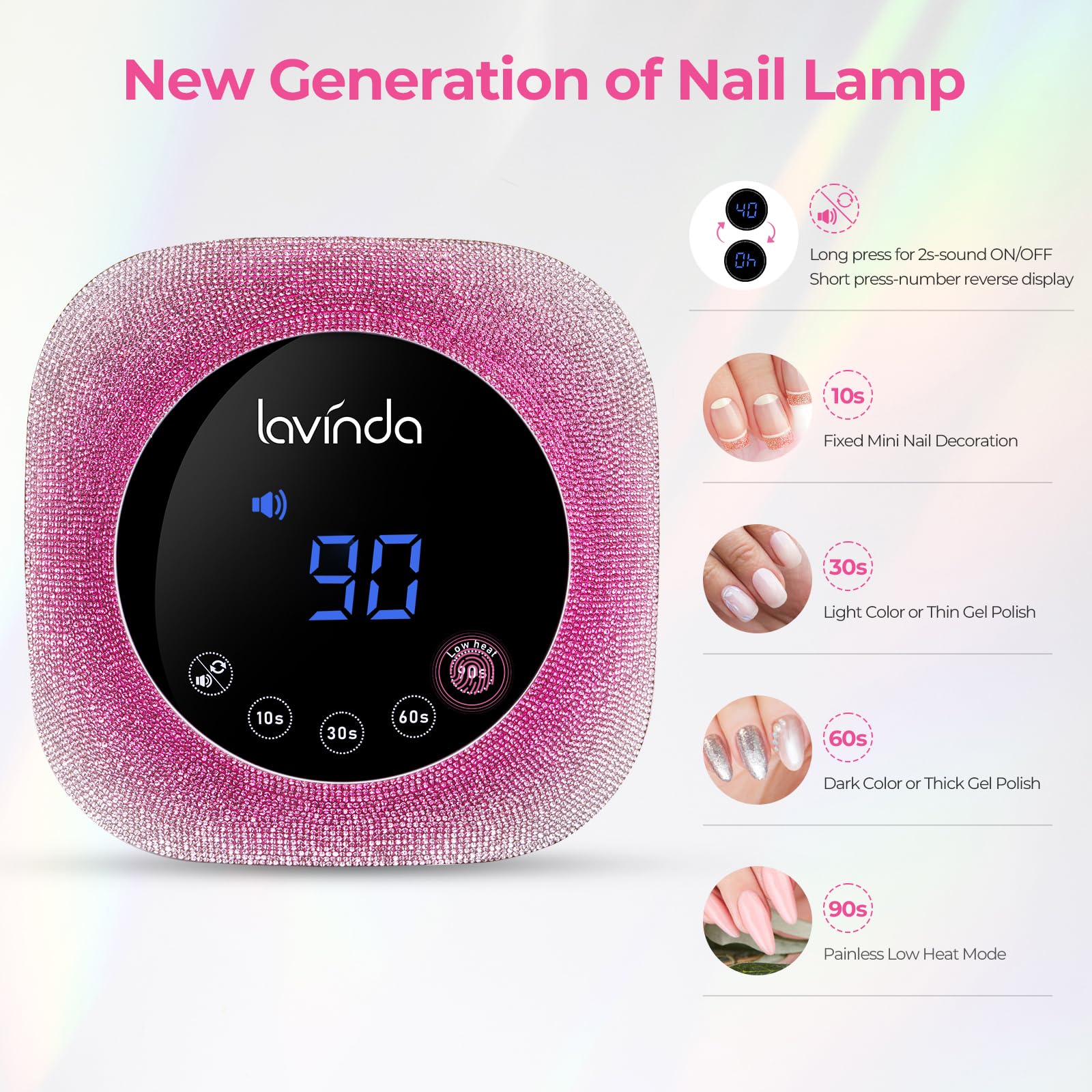 Lavinda UV Nail Lamp 54W – Dual-Wavelength Gel Curing with Rhinestones (Gradient Pink)