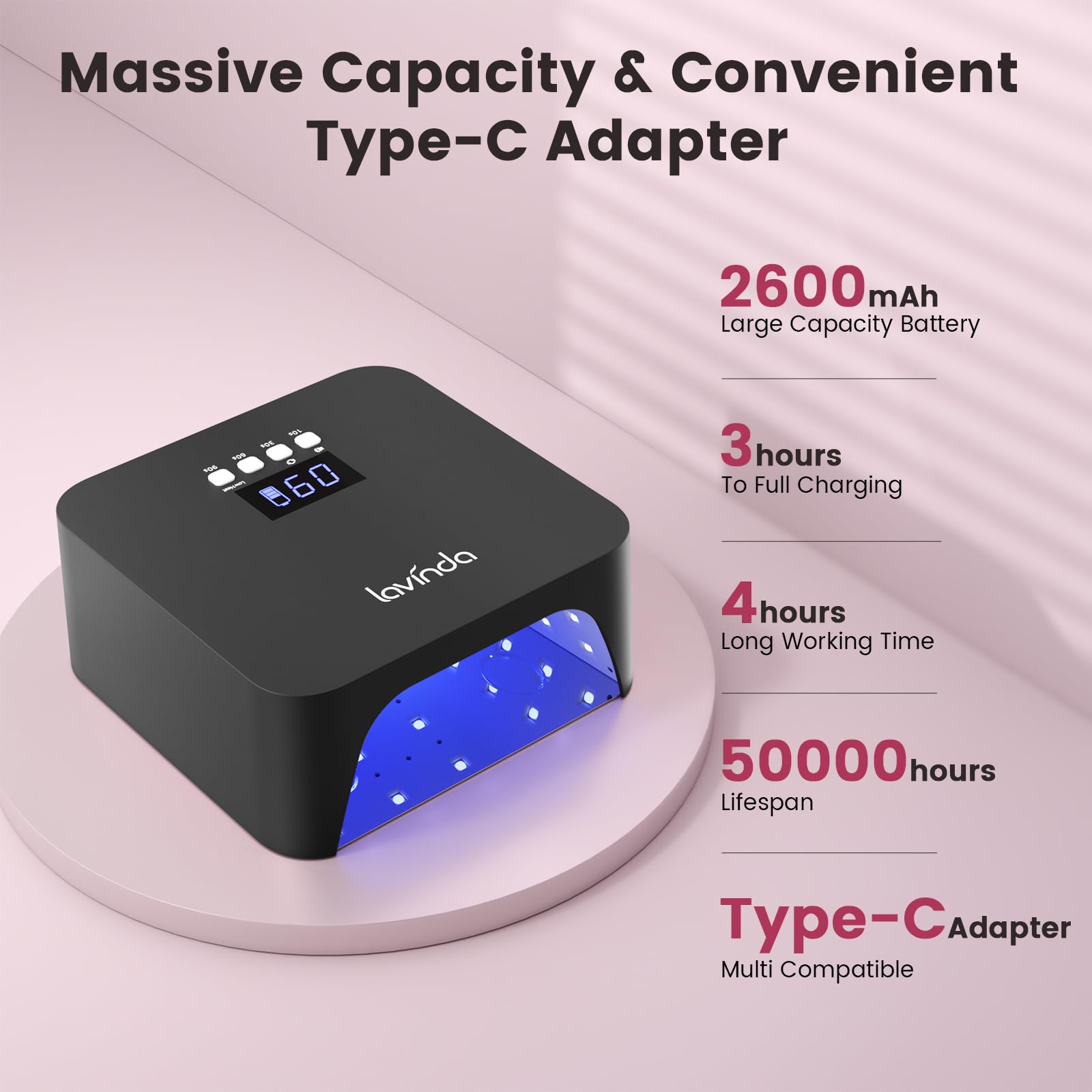 Lavinda NovaGlow Black UV Nail Lamp – 36 LED, 2x Faster Gel Curing, Type-C Recharge