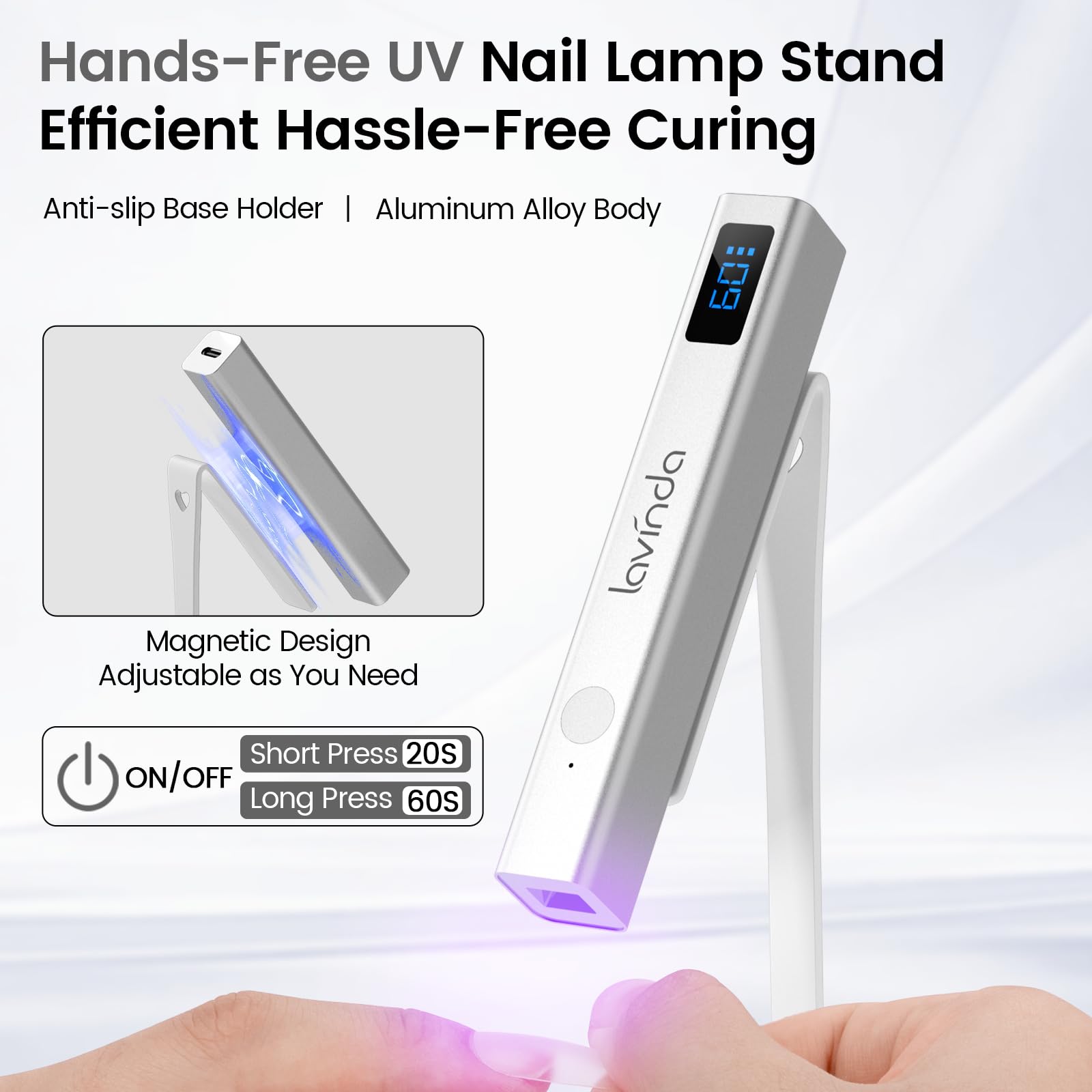 Lavinda Handheld UV Light for Gel Nails with Stand – Portable Cordless Nail Lamp with LCD
