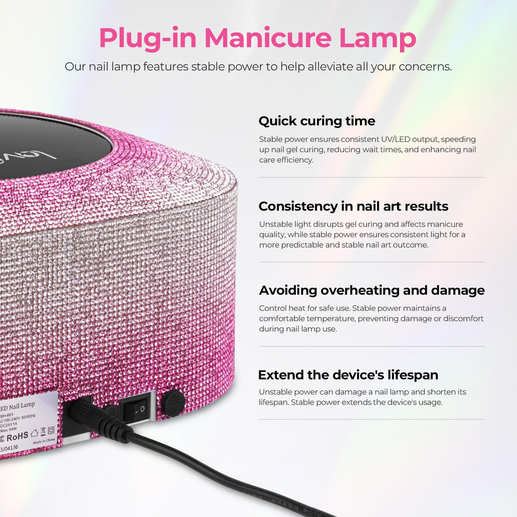 Lavinda UV Nail Lamp 54W – Dual-Wavelength Gel Curing with Rhinestones (Gradient Pink)