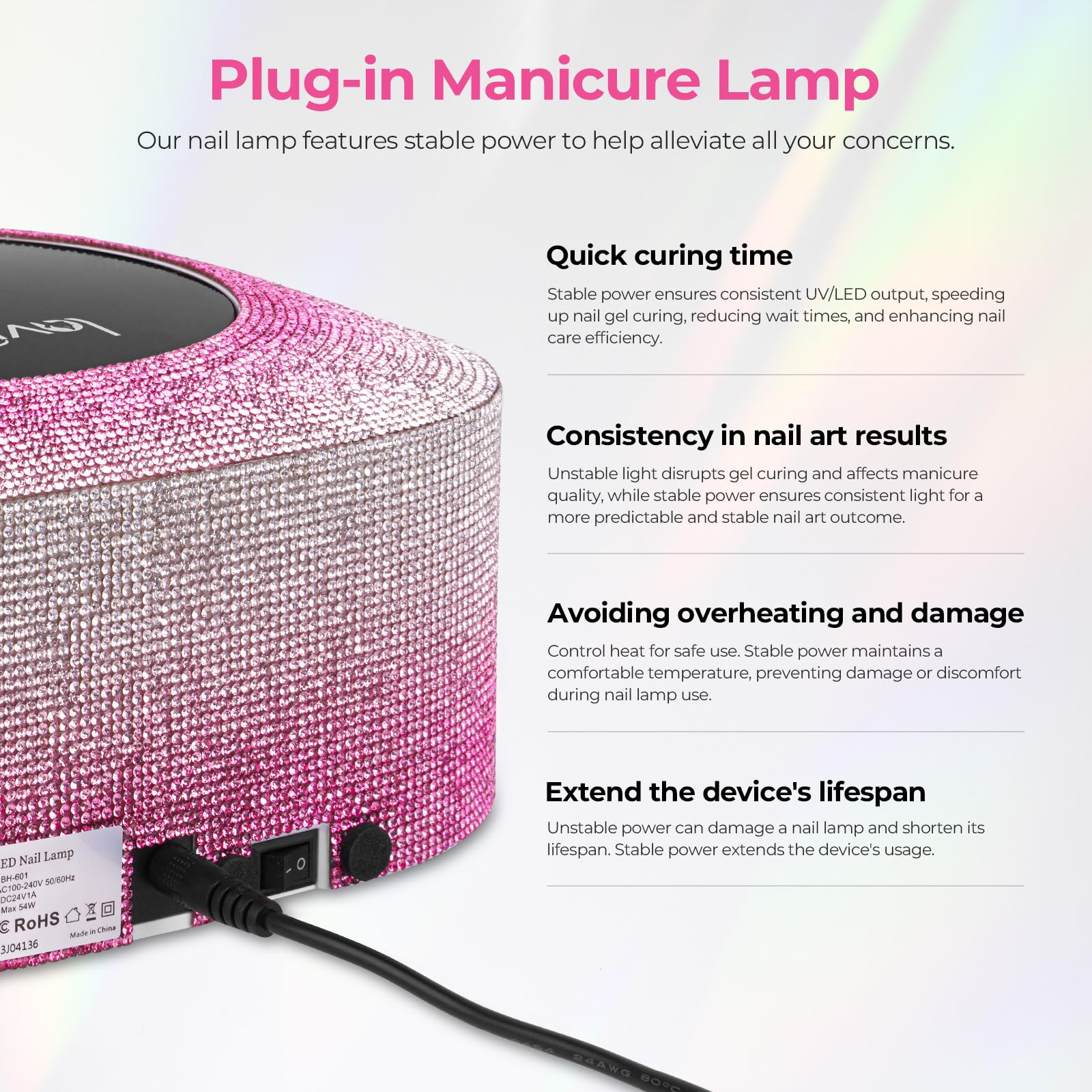 Lavinda UV Nail Lamp 54W – Dual-Wavelength Gel Curing with Rhinestones (Gradient Pink)