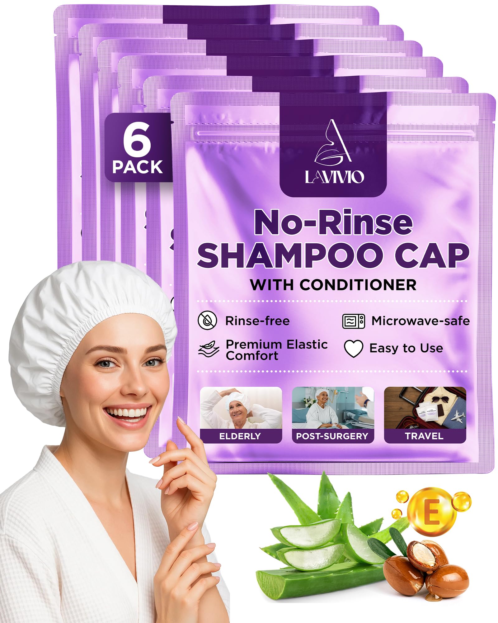 LAVIVIO No Rinse Shampoo Caps – Waterless Hair Washing for Bedridden, Elderly & Hospital Use | Aloe Vera & Vitamins – 6 Pack