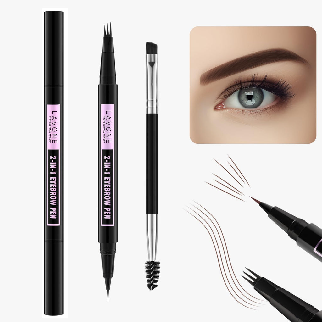 LAVONE Eyebrow Pencil 2-In-1 Waterproof Pen | 3-Tip Microblade for Natural, Fuller Brows – Dark Coffee