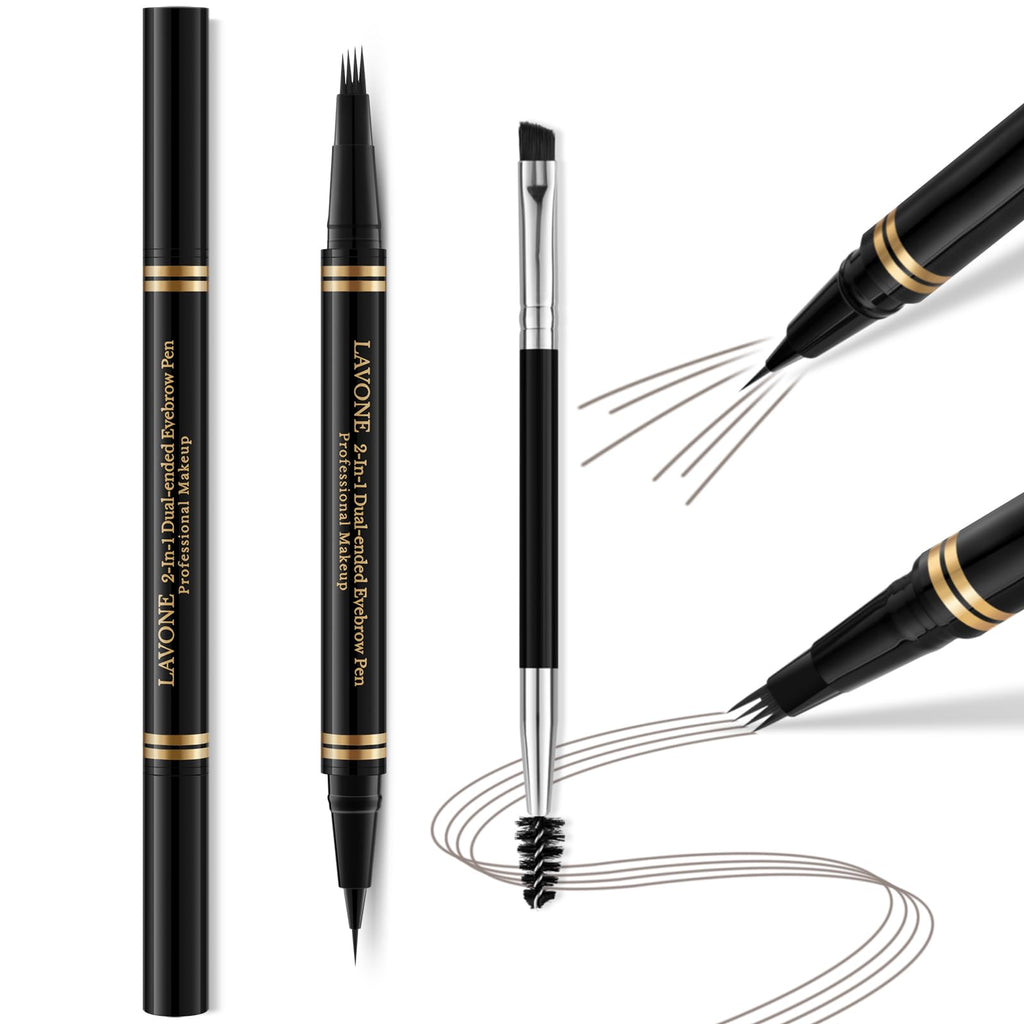 LAVONE 2-in-1 Eyebrow Pen – Waterproof Microblading Pencil with Dual-Ended Brush (Grey)