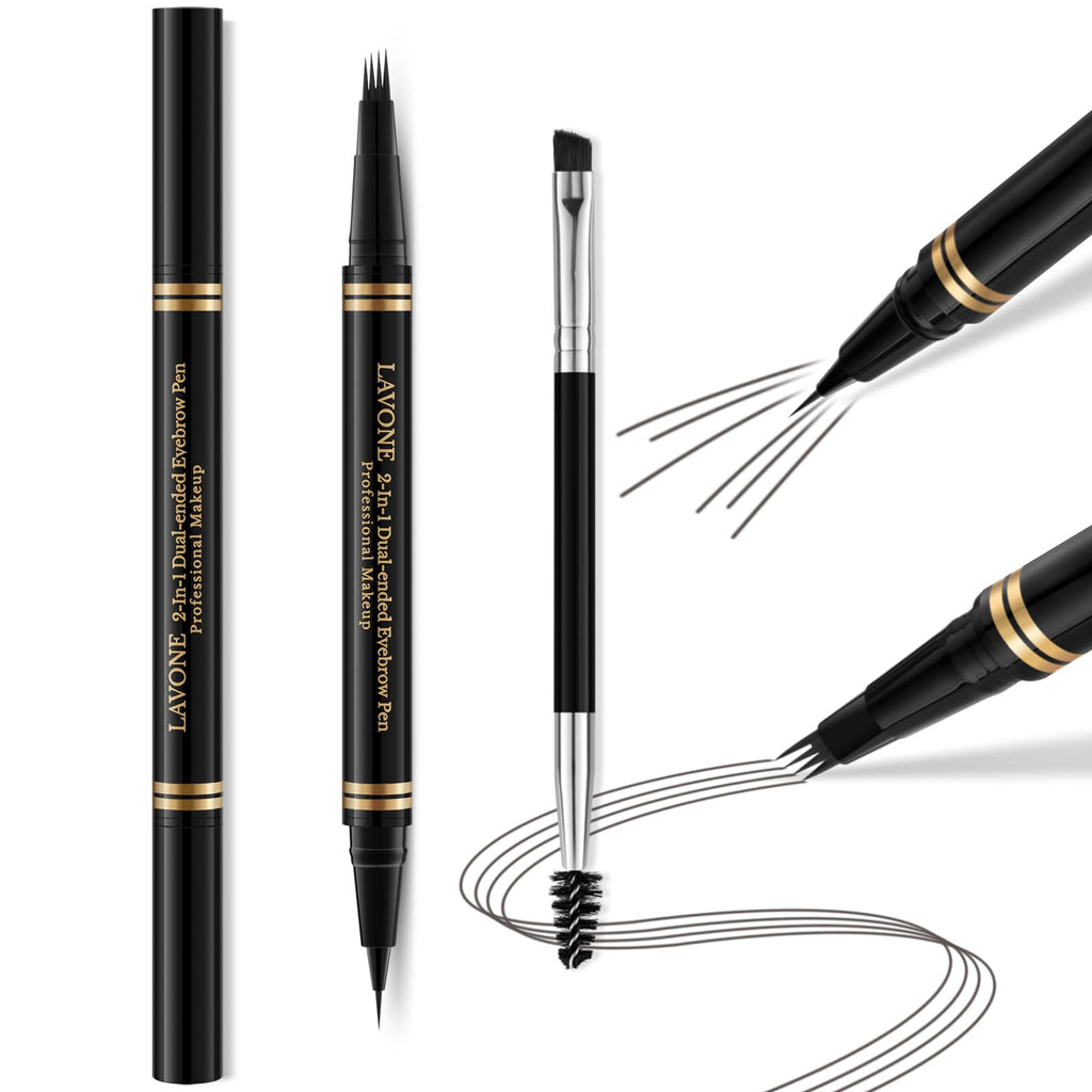 LAVONE 2-in-1 Microblading Eyebrow Pen - Waterproof, Ultra-Precise 4-Tip Pencil (Dark Grey)