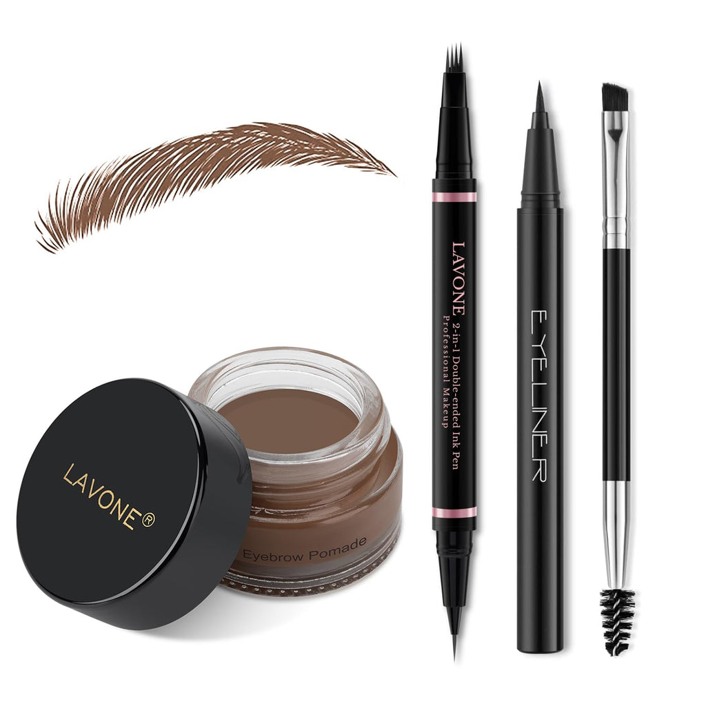 LAVONE Eyebrow Pencil Makeup Kit – 2-in-1 Waterproof Brow Pen, Pomade & Eyeliner (Brunette)