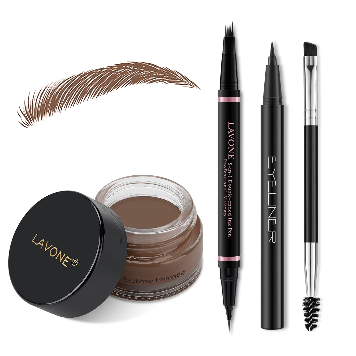 LAVONE Eyebrow Pencil Makeup Kit – 2-in-1 Waterproof Brow Pen, Pomade & Eyeliner (Brunette)