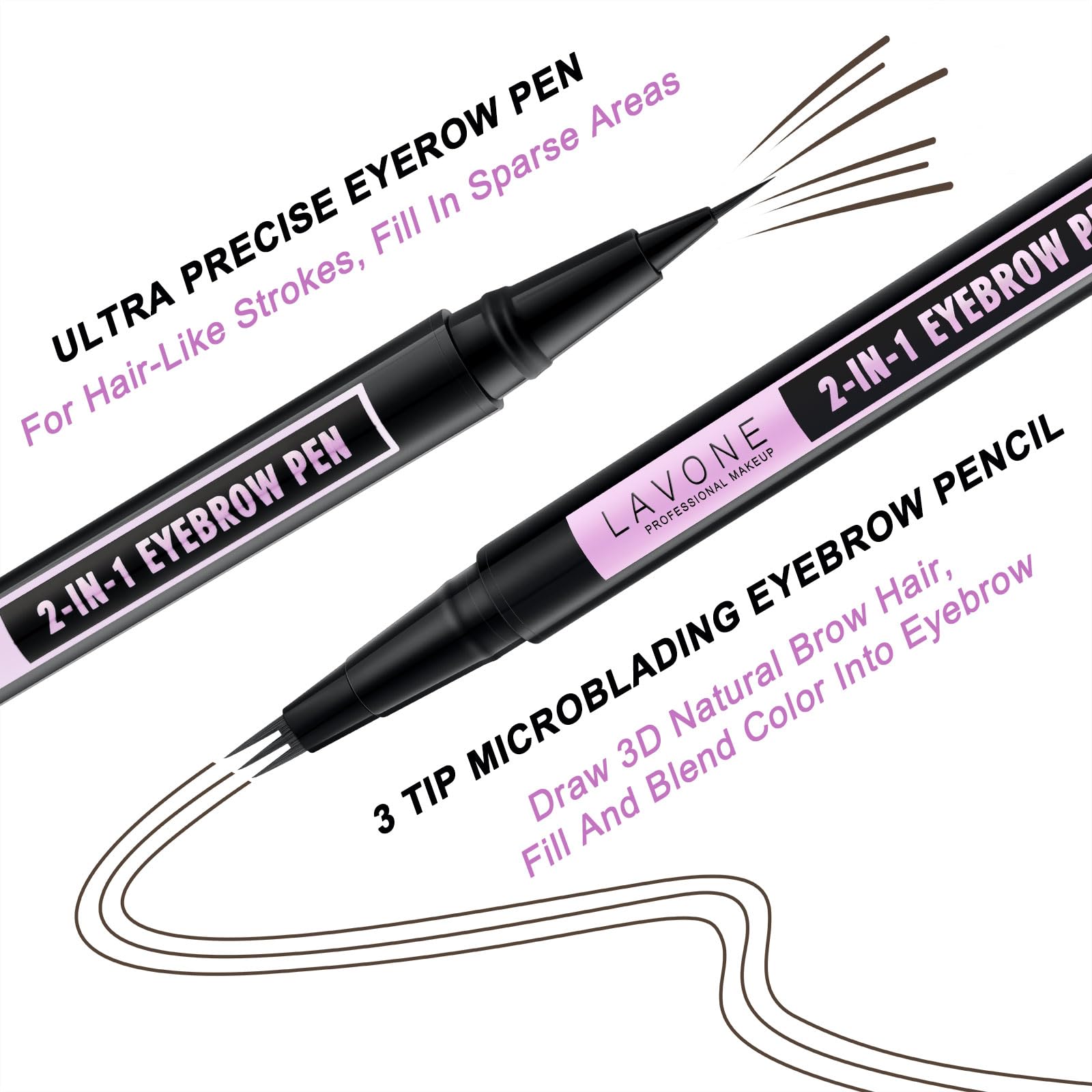 LAVONE 2-in-1 Eyebrow Pen – Waterproof, 3-Tip Microblading, Ultra-Precise Brow Pencil in Ebony with Dual Brush