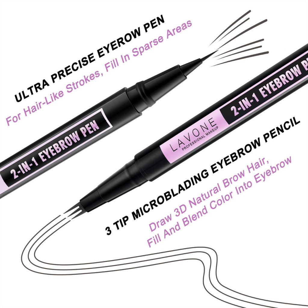 LAVONE 2-in-1 Waterproof Eyebrow Pen | 3-Tip Microblade & Ultra-Precise Brow Pen – Dark Grey