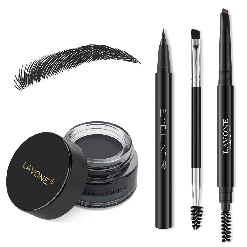 LAVONE Eyebrow Stamp Pencil Kit – Waterproof Brow Pencil, Eyeliner, Pomade & Brush (Ash Black)