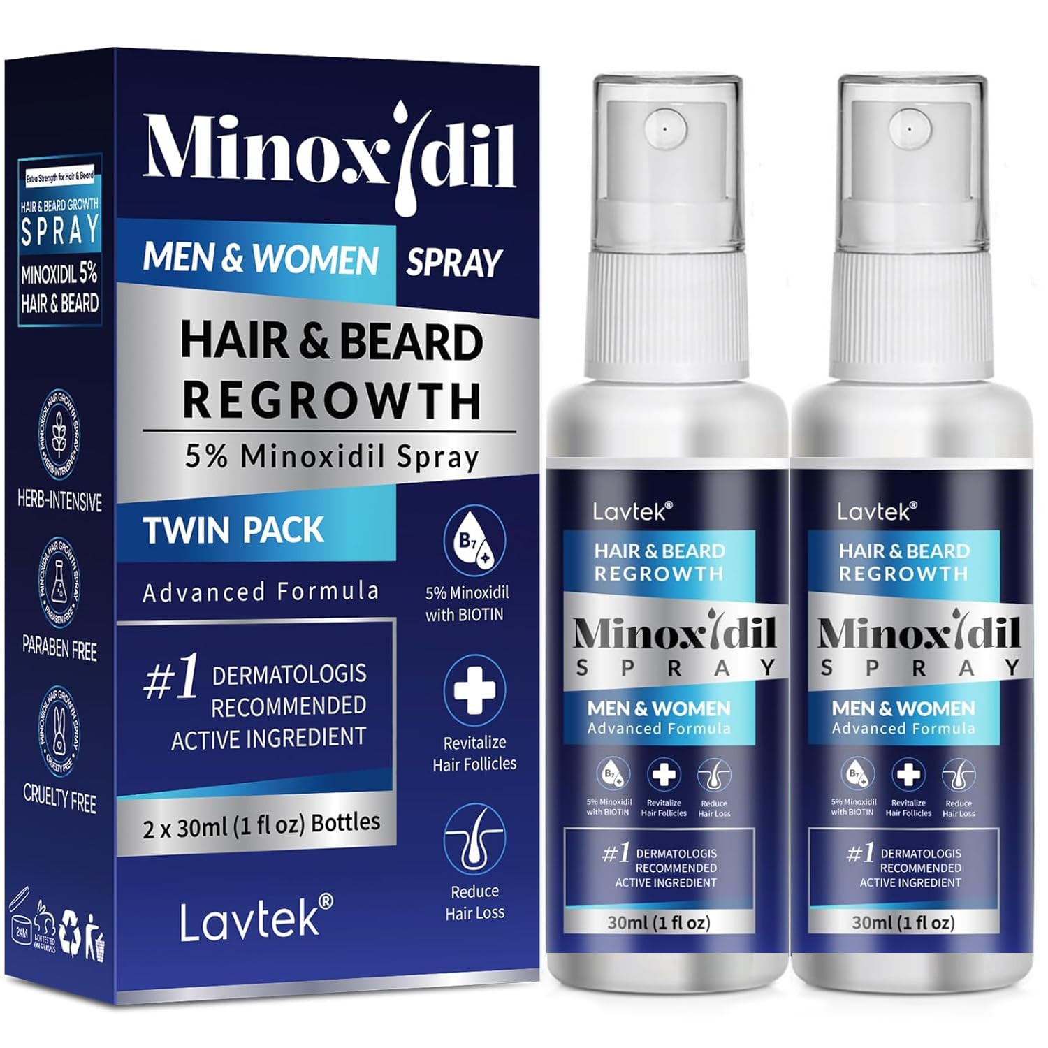 Lavtek 5% Minoxidil for Men & Women – Hair Growth Spray 2-Pack