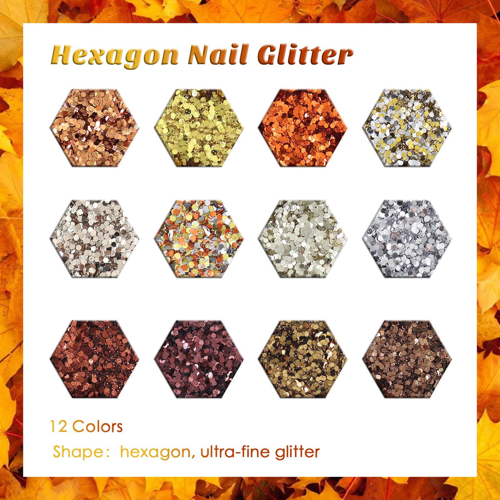 Laza Autumn Nail Glitter – 12-Color Acrylic Glitter Powder, Retro Copper Iridescent Flakes, 120g