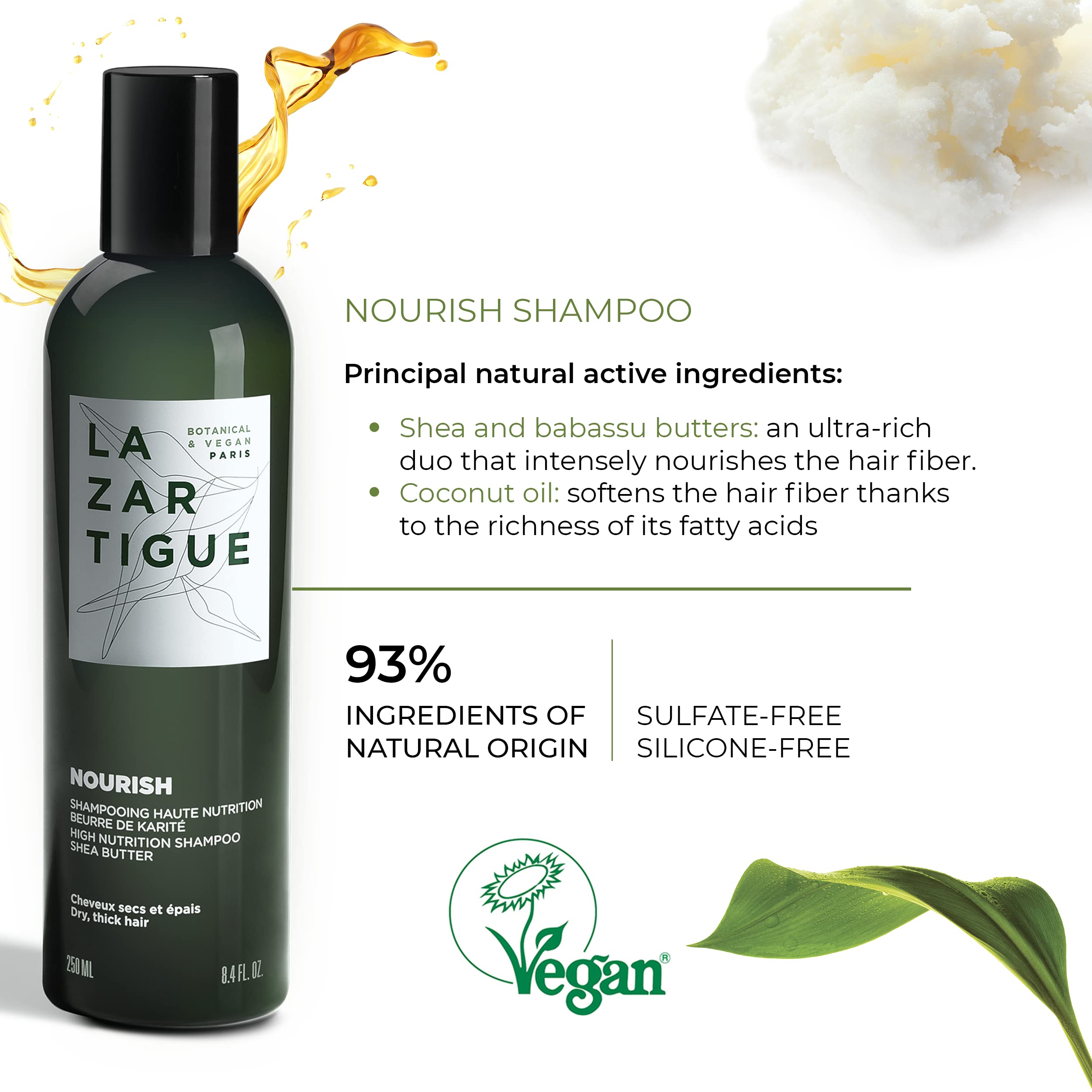 Lazartigue Nourish Shampoo – Shea & Babassu Butters, Intense Hydration for Dry Hair | Vegan, Sulfate & Silicone Free