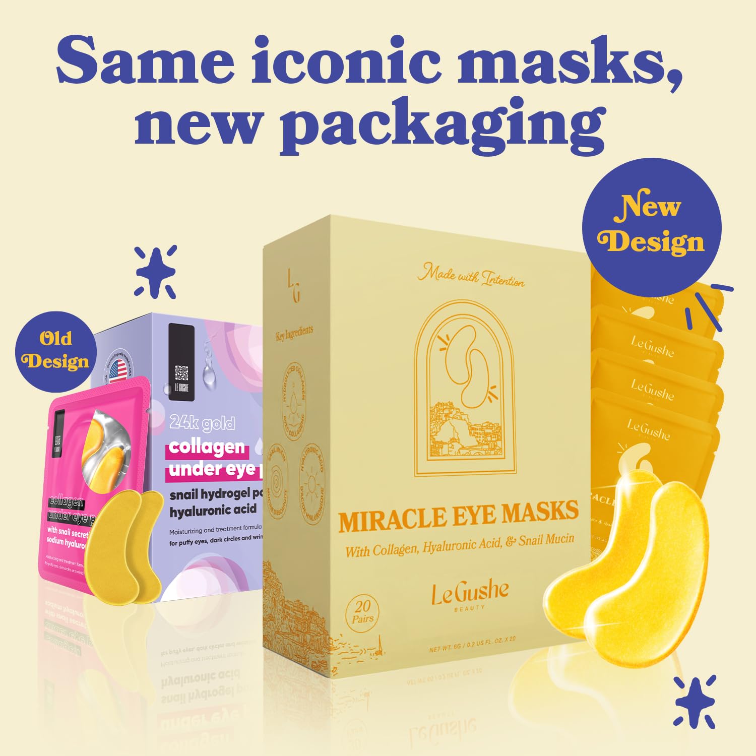 LE GUSHE Gold Under Eye Patches – Hydrating Collagen Masks with Snail Mucin (20 Pairs)
