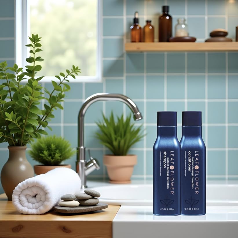 Leaf & Flower Shampoo & Conditioner Duo – 12 oz Blue Packaging for Damage Repair and Gentle Care