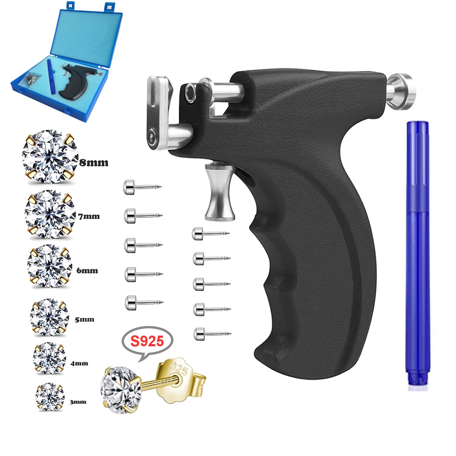 LECIEL Professional Ear Piercing Gun Kit – Reusable with 16 Pairs Hypoallergenic Earrings (6 Sterling Silver, 18K Yellow Gold-Plated + 10 Gun Studs)