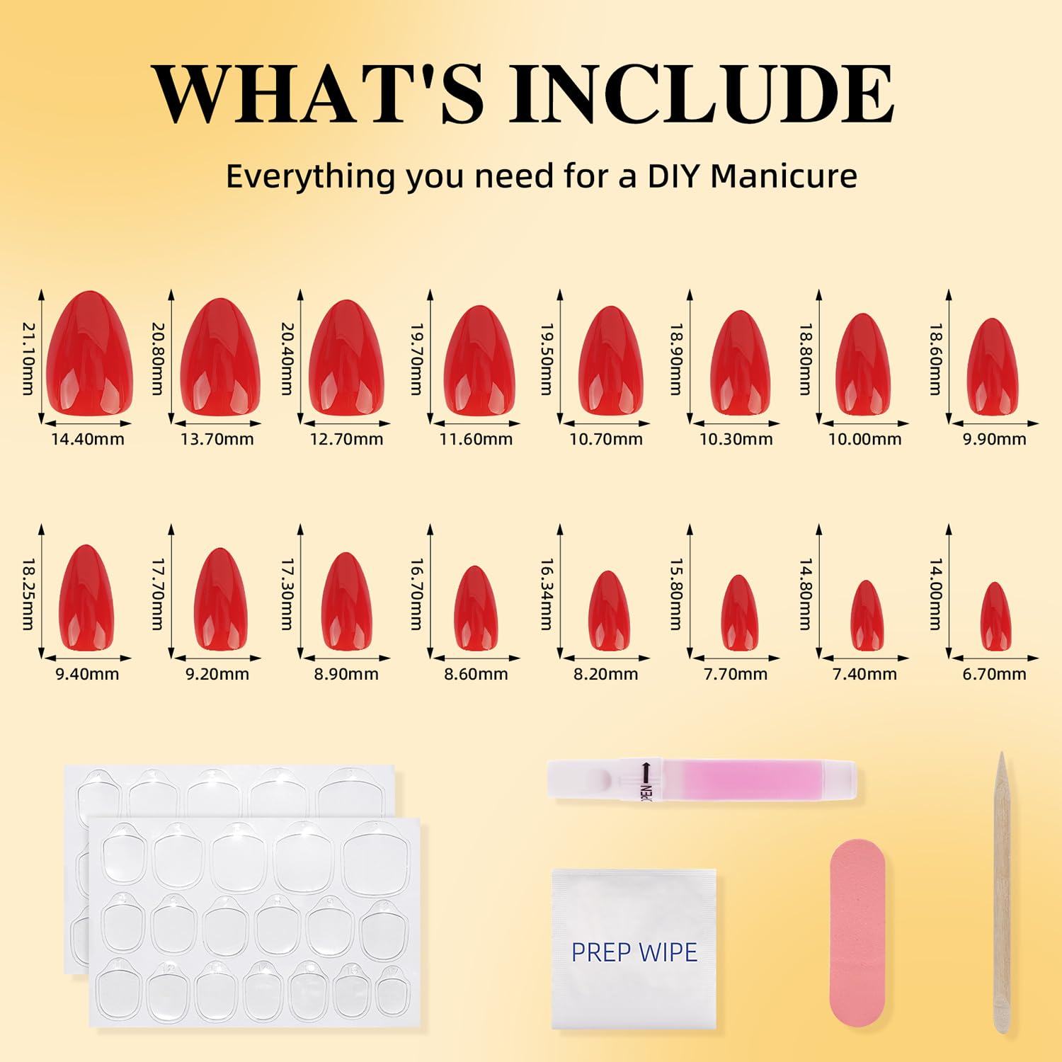 Leefrei Red Press-On Nails – Glossy Short Almond Kit with Glue & Tabs (32 Pieces, 16 Sizes)