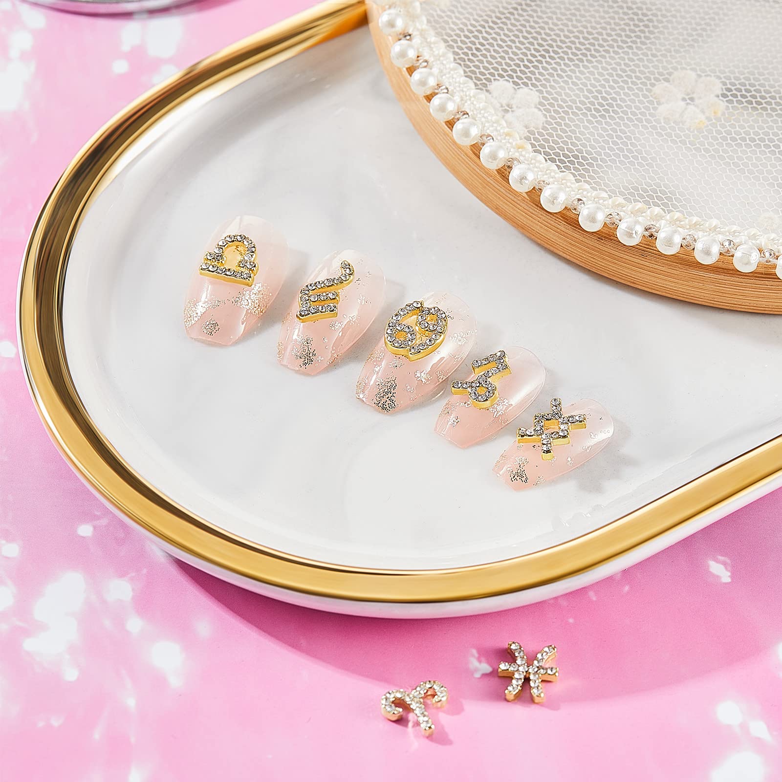 Leelosp 48 Pcs Zodiac Sign Nail Charms – 3D Rhinestone Jewelry for Nails & DIY Crafts (Gold & Silver)