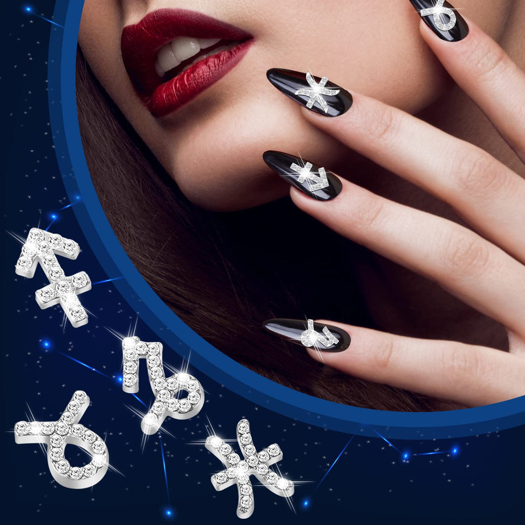 Leelosp 48 Pcs Zodiac Sign Nail Charms – 3D Rhinestone Jewelry for Nails & DIY Crafts (Gold & Silver)