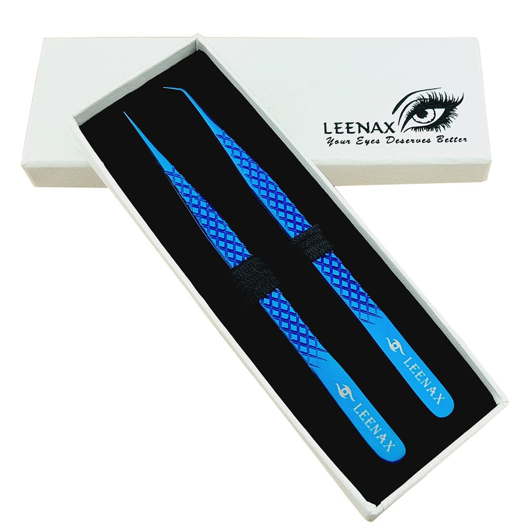 Leenax Eyelash Extension Tweezers Set – 2-Piece Straight & Curved with Diamond Grip, Blue, 14cm