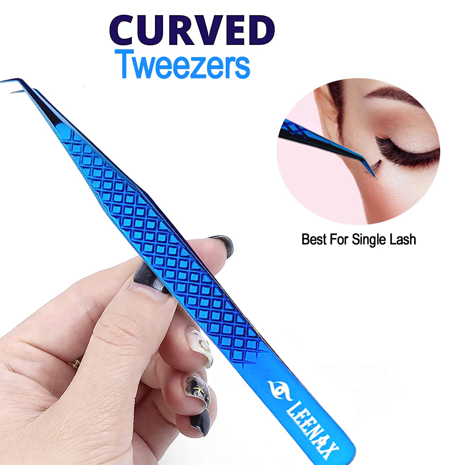 Leenax Eyelash Extension Tweezers Set – 2-Piece Straight & Curved with Diamond Grip, Blue, 14cm