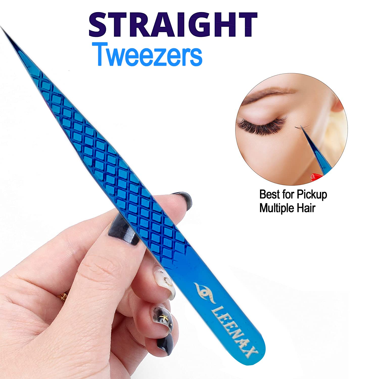 Leenax Eyelash Extension Tweezers Set – 2-Piece Straight & Curved with Diamond Grip, Blue, 14cm