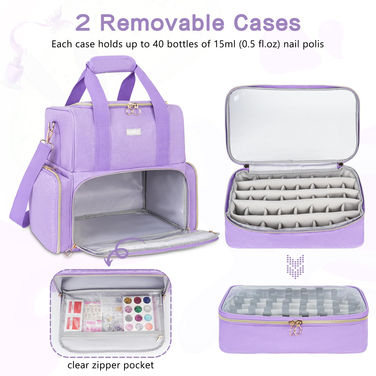 LEFOR·Z Nail Polish Organizer – 80 Bottles, Nail Lamp, 2 Removable Bags, Portable Purple