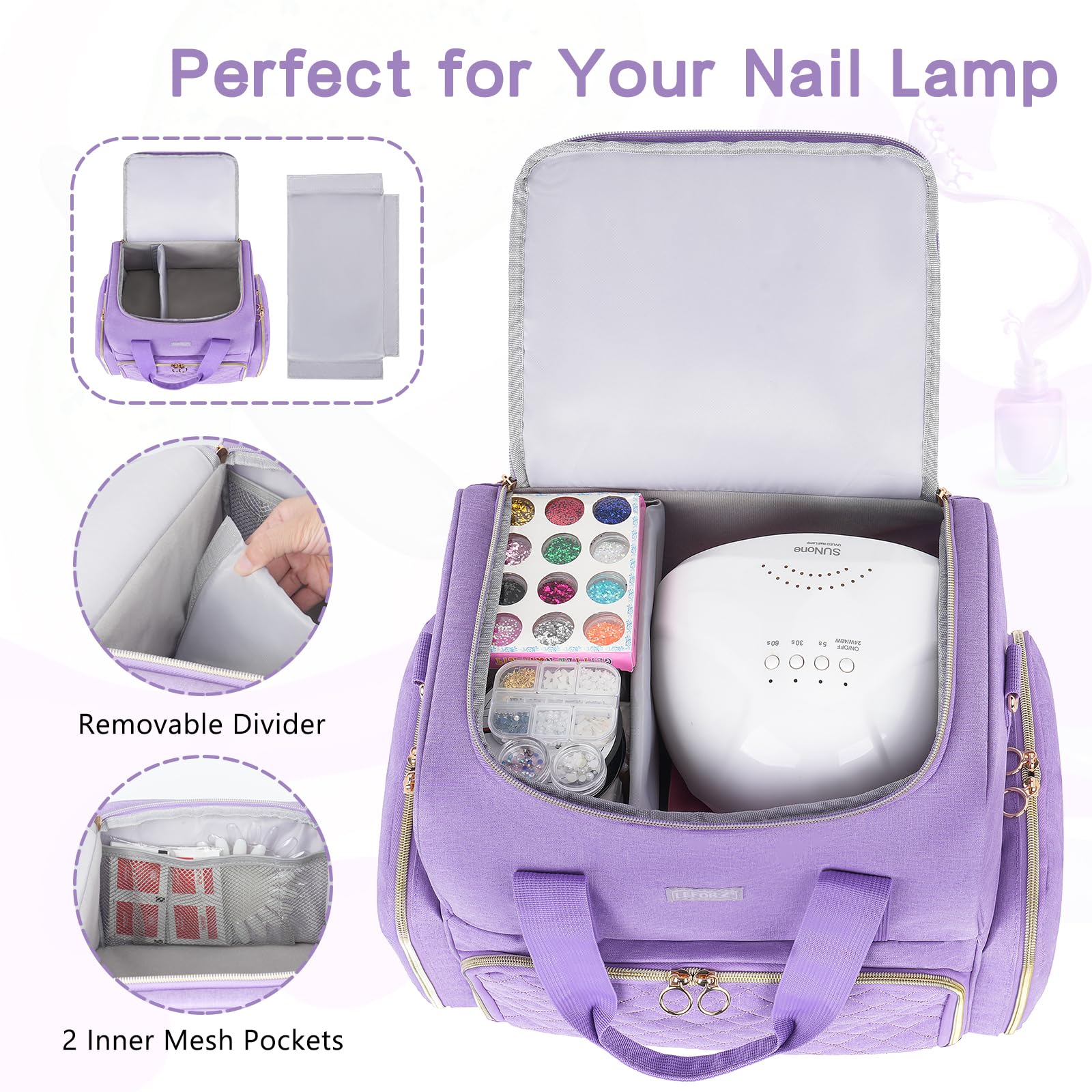 LEFOR·Z Nail Polish Organizer – 80 Bottles, Nail Lamp, 2 Removable Bags, Portable Purple