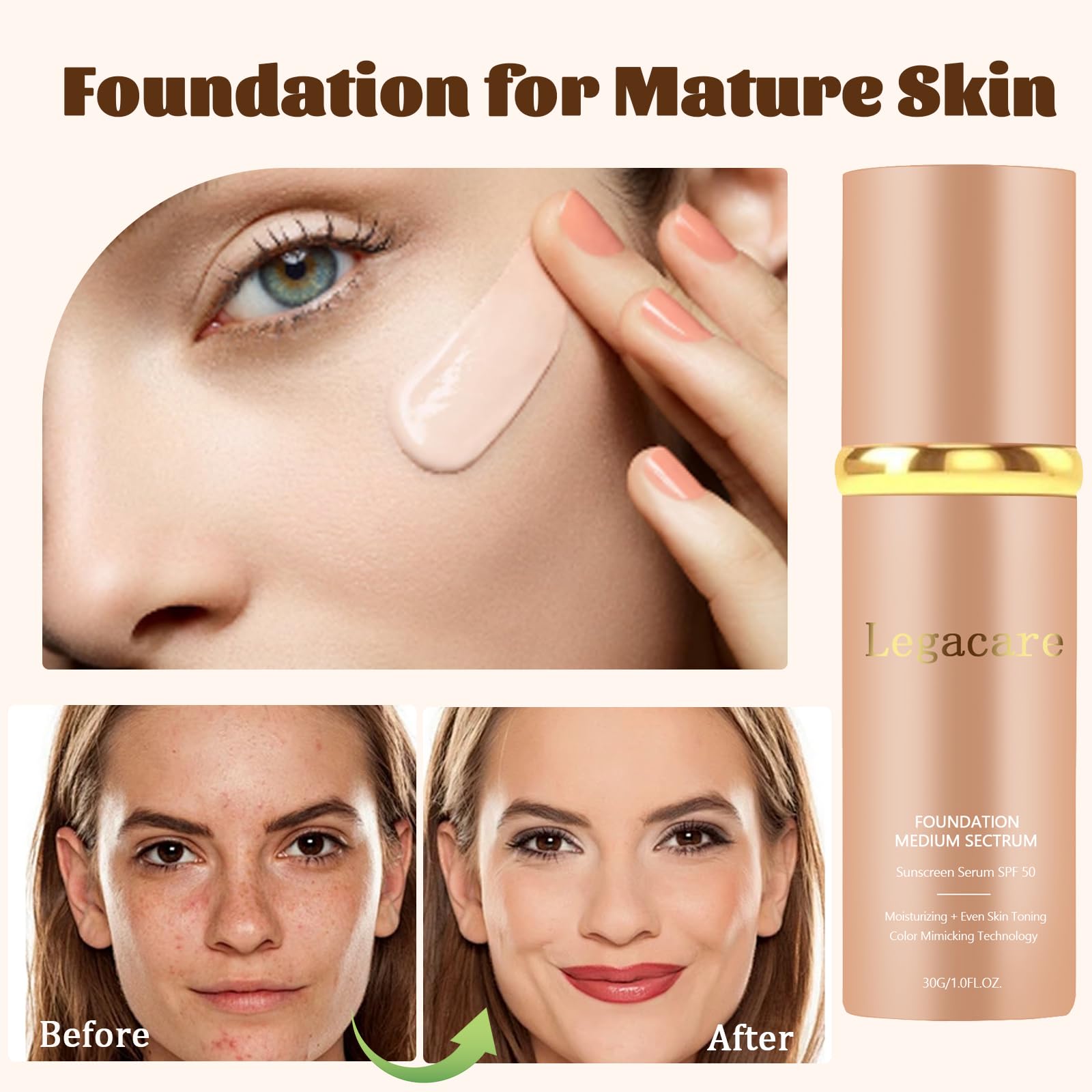 Legacare Foundation 4-in-1 Longwear Color-Changing Foundation for Mature Skin – Neutral (1pc)