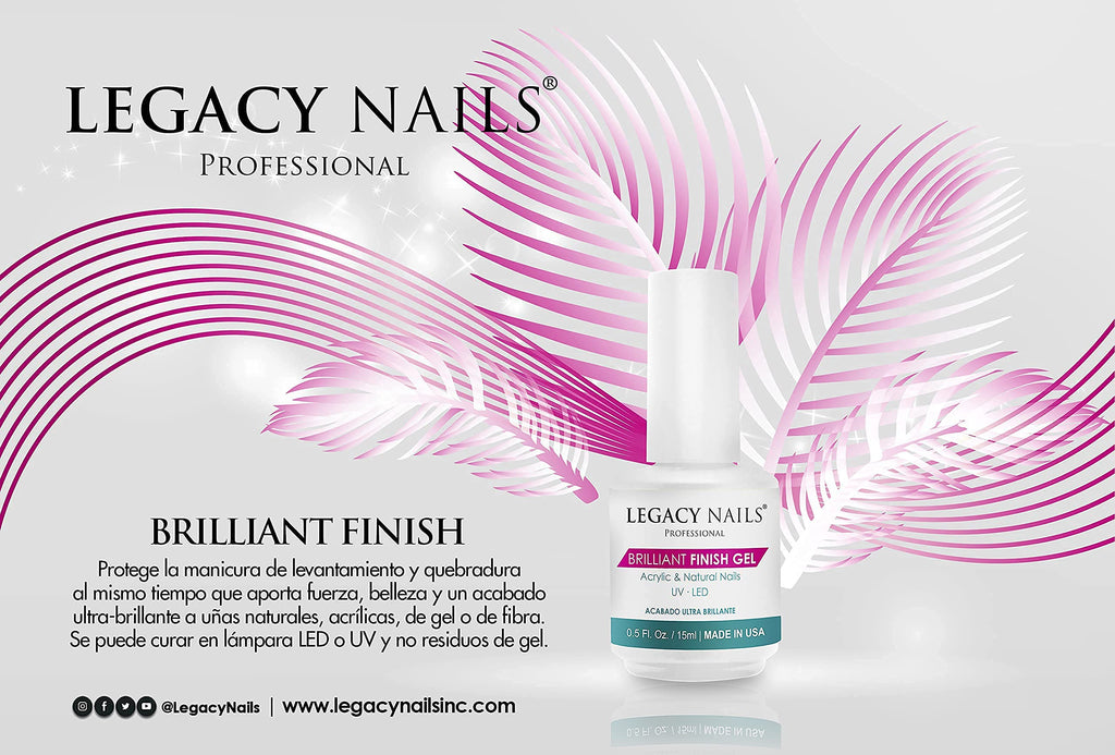 Legacy Nails BRILLANT FINISH GEL Top Coat 0.5oz — High-Gloss, Chip-Resistant, Quick-Curing