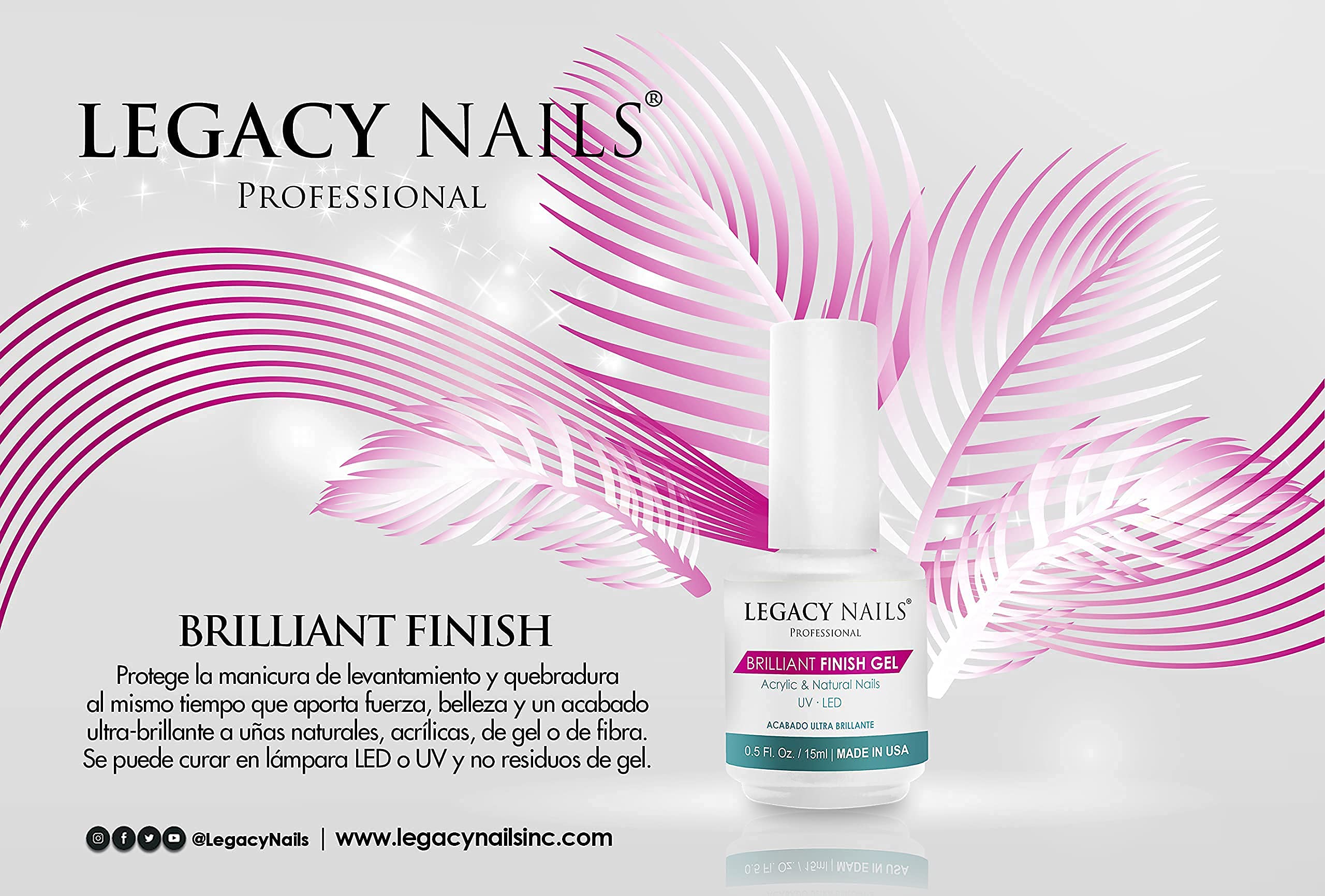 Legacy Nails BRILLANT FINISH GEL Top Coat 0.5oz — High-Gloss, Chip-Resistant, Quick-Curing