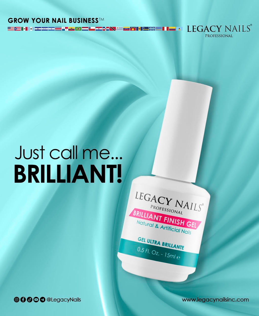 Legacy Nails BRILLANT FINISH GEL Top Coat 0.5oz — High-Gloss, Chip-Resistant, Quick-Curing