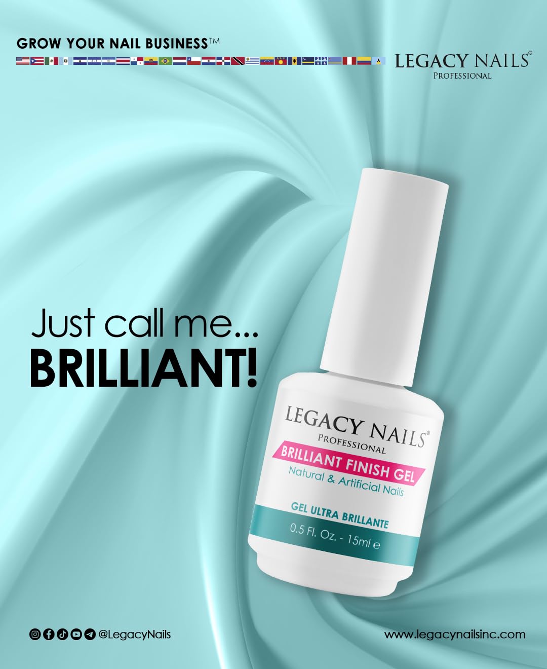 Legacy Nails BRILLANT FINISH GEL Top Coat 0.5oz — High-Gloss, Chip-Resistant, Quick-Curing
