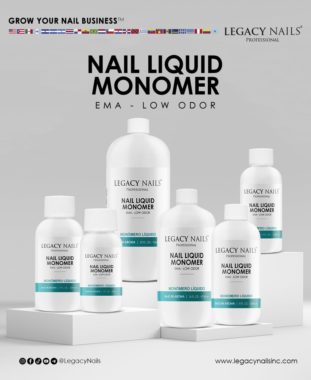 Legacy Nails Professional NAIL LIQUID MONOMER – MMA-Free, Acetone-Free, Low-Odor, Compatible with All Acrylic Powders – 946ml / 32 fl oz